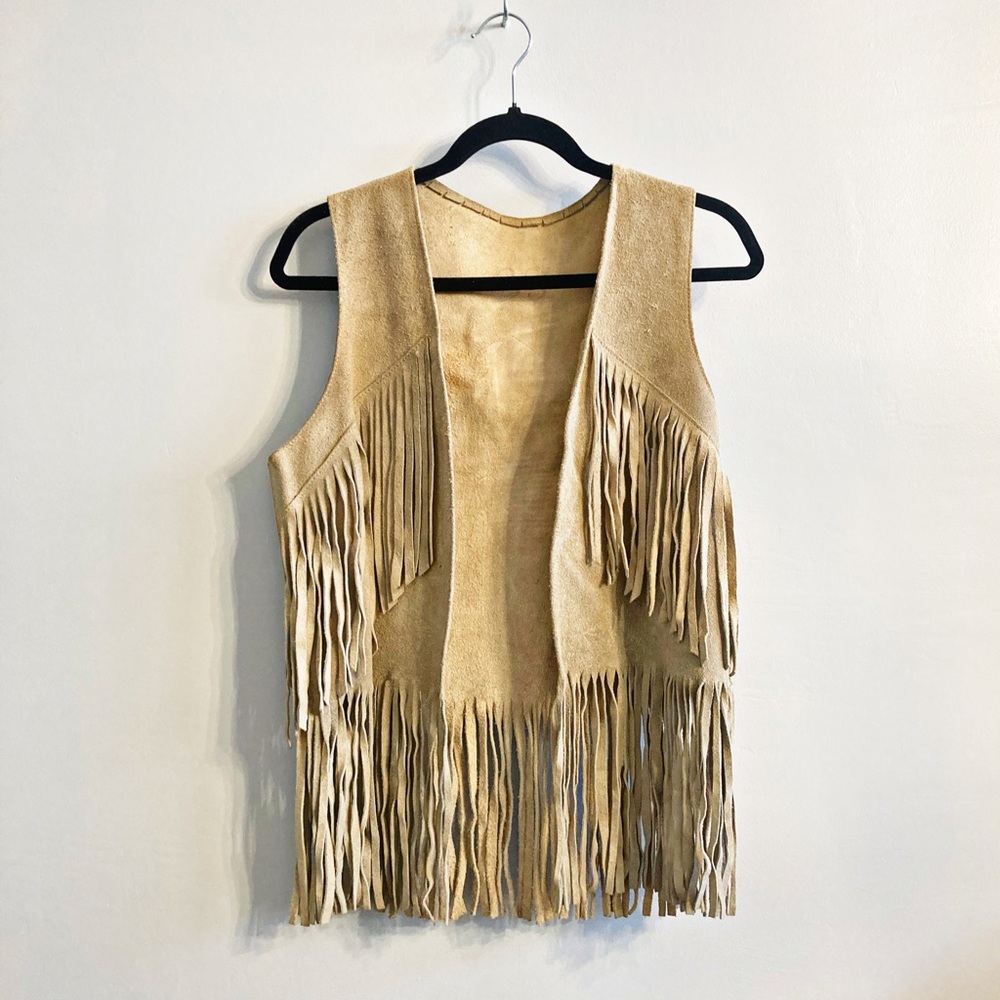 Vintage Western Boho Tan Suede Fringe Vest Size 38